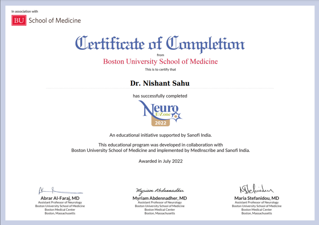 Dr. Nishant Kumar Sahu Raipur Certificate